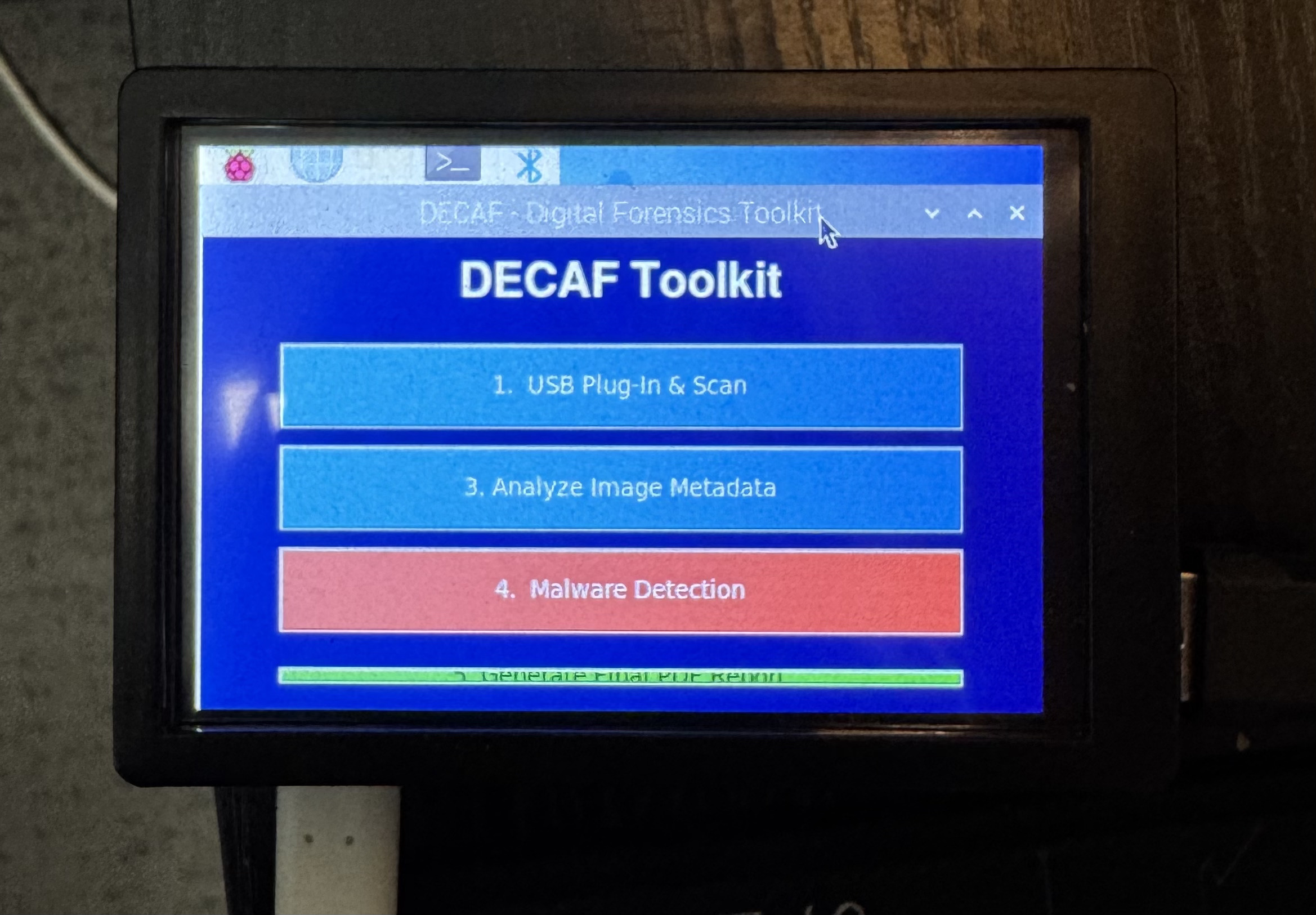 DECAF touchscreen showing the toolkit menu