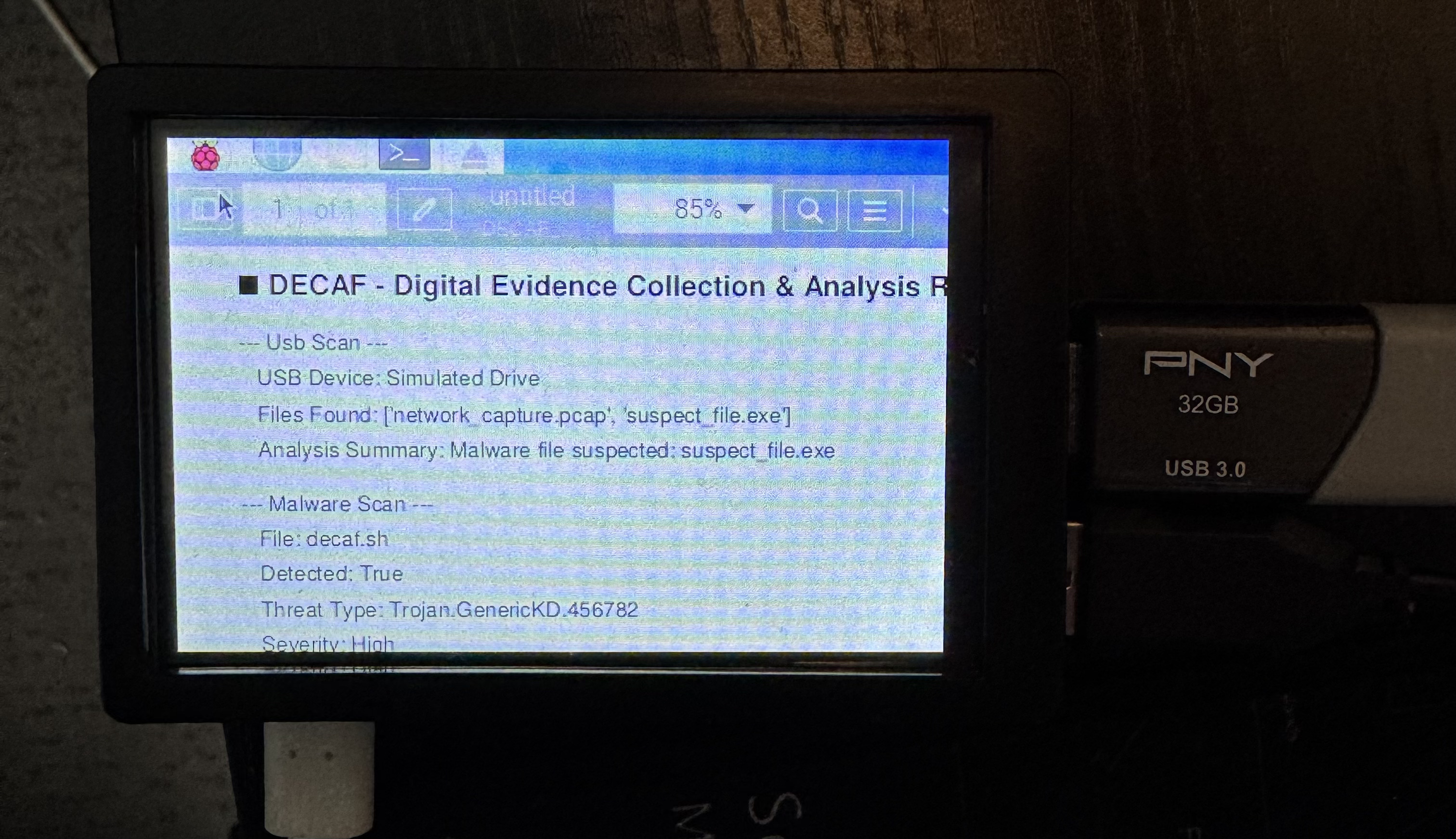 DECAF full forensic report scrolled on screen